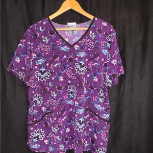 Scrubstar Purple Pink Blue Floral Women's Scrub Top 2X